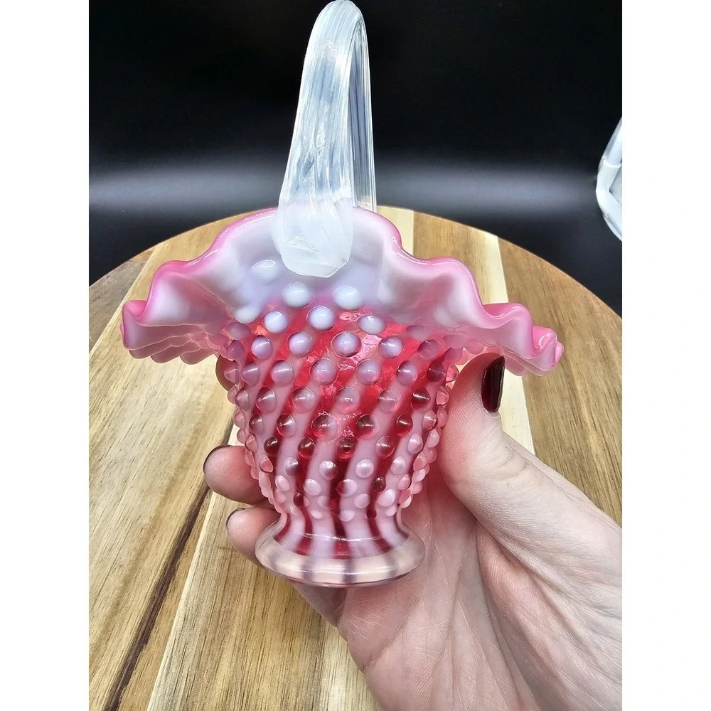 Fenton Cranberry Pink Opalescent Hobnail‎ Basket Clear Handle 6